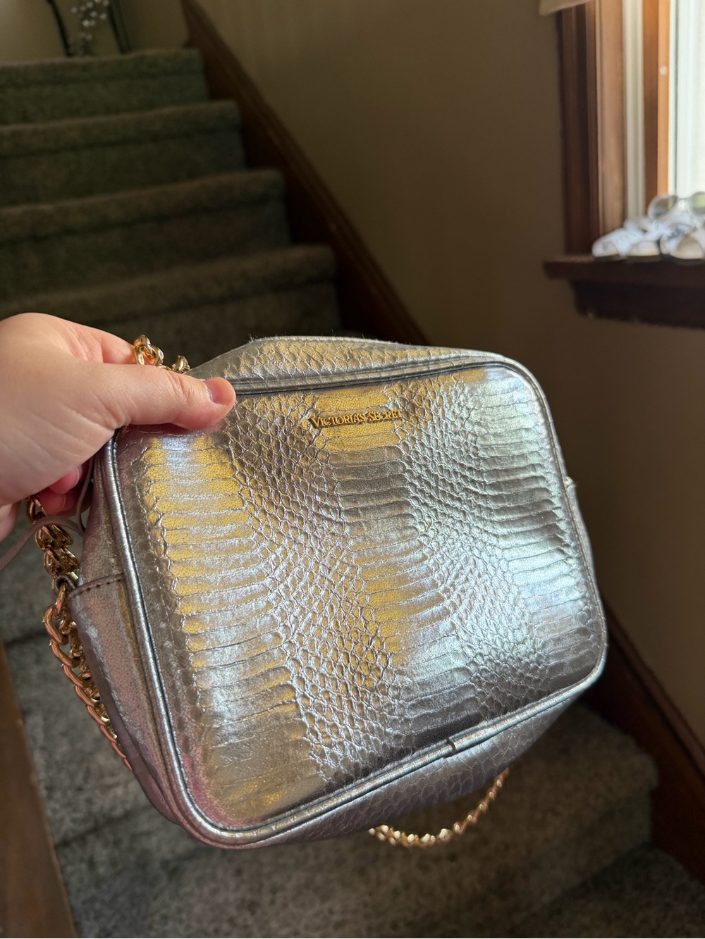 Victoria's Secret Iridescent Silver Textured Crossbody Bag with Gold Chain